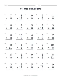 8 Times Table Facts printable worksheet for grades 3 and 4