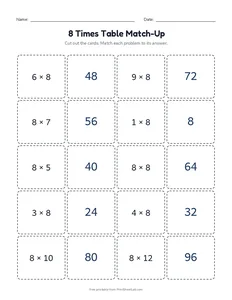 8 Times Table Match-Up printable worksheet for grades 3 and 4
