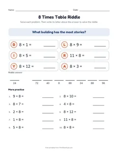 8 Times Table Riddle printable worksheet for grades 3 and 4