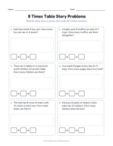 8 Times Table Story Problems printable worksheet for grades 3 and 4