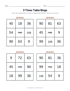 9 Times Table Bingo printable worksheet for grades 3 and 4