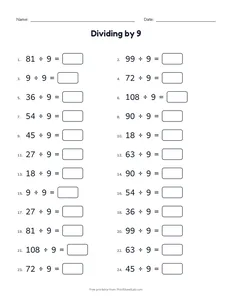 Dividing by 9 printable worksheet for grades 3 and 4