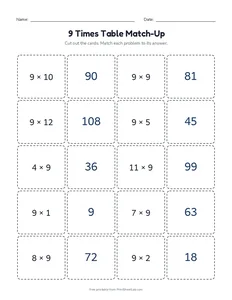 9 Times Table Match-Up printable worksheet for grades 3 and 4