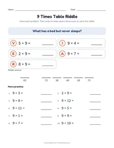 9 Times Table Riddle printable worksheet for grades 3 and 4