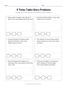 9 Times Table Story Problems printable worksheet for grades 3 and 4