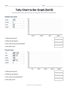 Tally Chart to Bar Graph (Set B) printable worksheet for grades 1 to 3