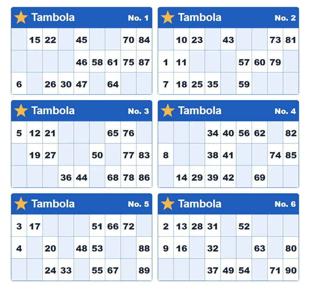 Printed tambola tickets in strips of six showing how to play tambola with 15 numbers on each ticket
