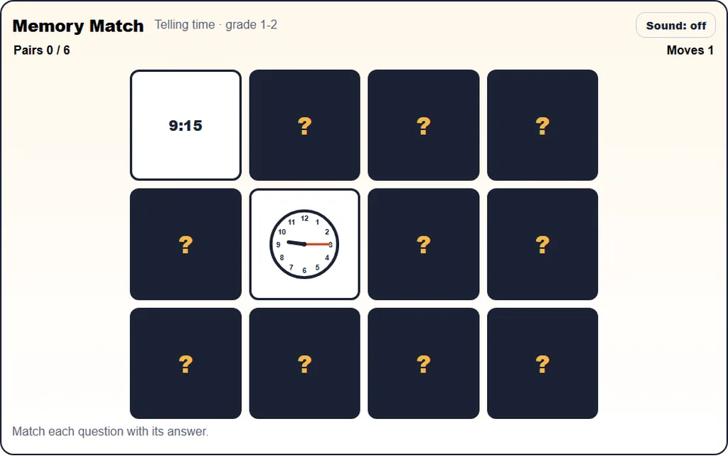 Telling time game on PrintSheetLab showing how to teach a child to tell time with an analog clock