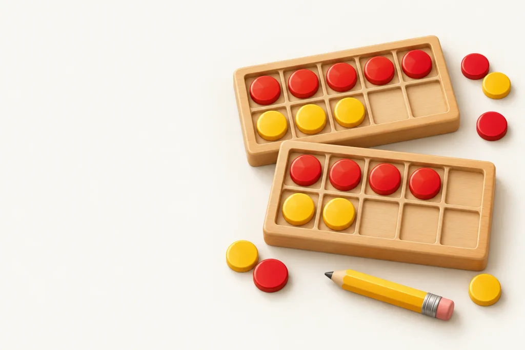 Illustration of two wooden ten frame trays filled with red and yellow counters beside a pencil