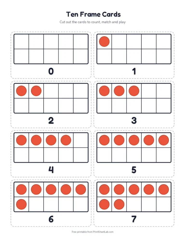 Printable ten frame cards from 0 to 10 with red dots and numbers, ready to cut out