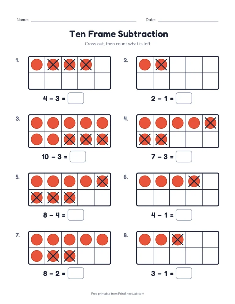 Ten frame subtraction worksheet with crossed-out dots and differences within 10