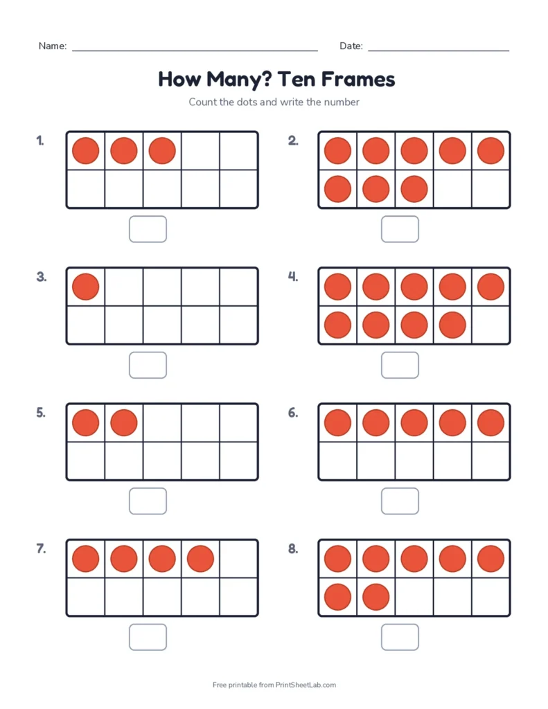 Ten frame worksheet: count the red dots in each frame and write how many, with answer key