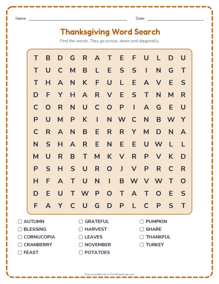 Thanksgiving worksheets for kids: word search, word scramble, bingo, thankful writing prompt and card