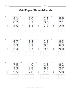 Grid Paper: Three Addends printable worksheet for grades 1 to 3