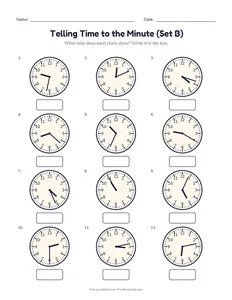 Telling Time to the Minute (Set B) printable worksheet for grade 3