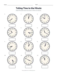 Telling Time to the Minute printable worksheet for grade 3