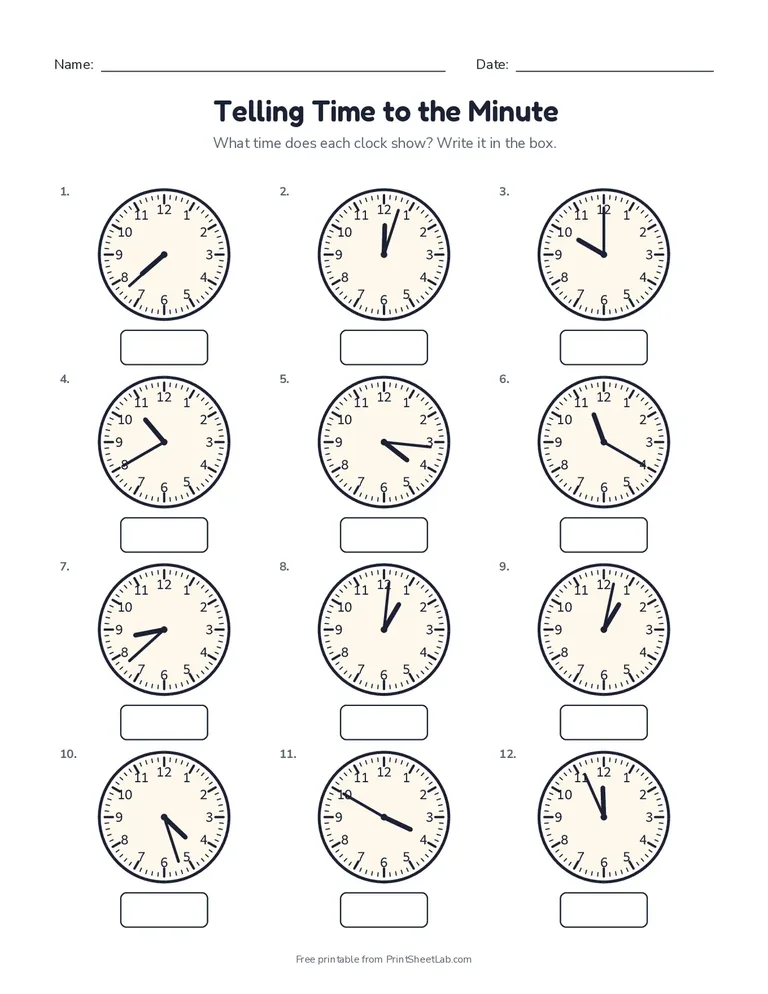 Telling Time to the Minute printable worksheet for grade 3