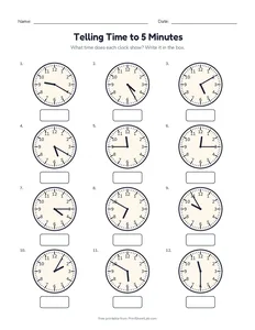 Telling Time to 5 Minutes printable worksheet for grade 2