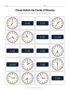Clock Match-Up Cards: 5 Minutes printable worksheet for grade 2