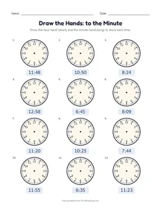 Draw the Hands: to the Minute printable worksheet for grade 3
