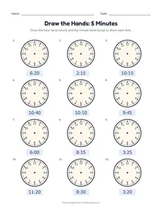 Draw the Hands: 5 Minutes printable worksheet for grade 2