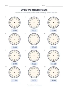 Draw the Hands: Hours printable worksheet for kindergarten and grade 1