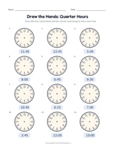 Draw the Hands: Quarter Hours printable worksheet for grade 2