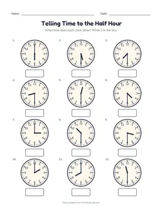 Telling Time to the Half Hour printable worksheet for kindergarten and grade 1