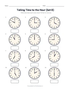 Telling Time to the Hour (Set B) printable worksheet for kindergarten and grade 1