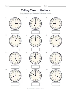 Telling Time to the Hour printable worksheet for kindergarten and grade 1