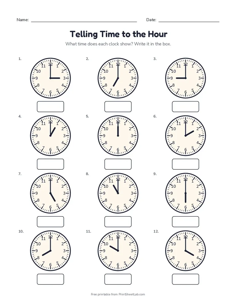 Telling time worksheets: a printable page of clocks to read to the hour with an answer key