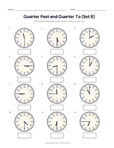 Quarter Past and Quarter To (Set B) printable worksheet for grade 2