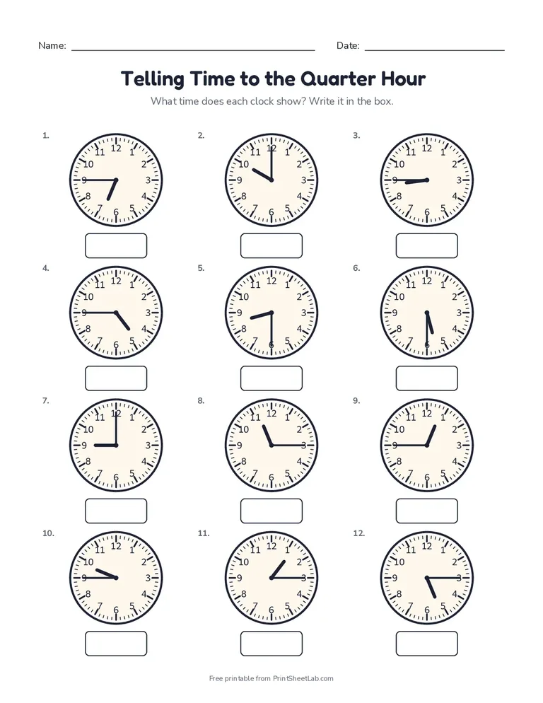 Telling Time to the Quarter Hour printable worksheet for grade 2