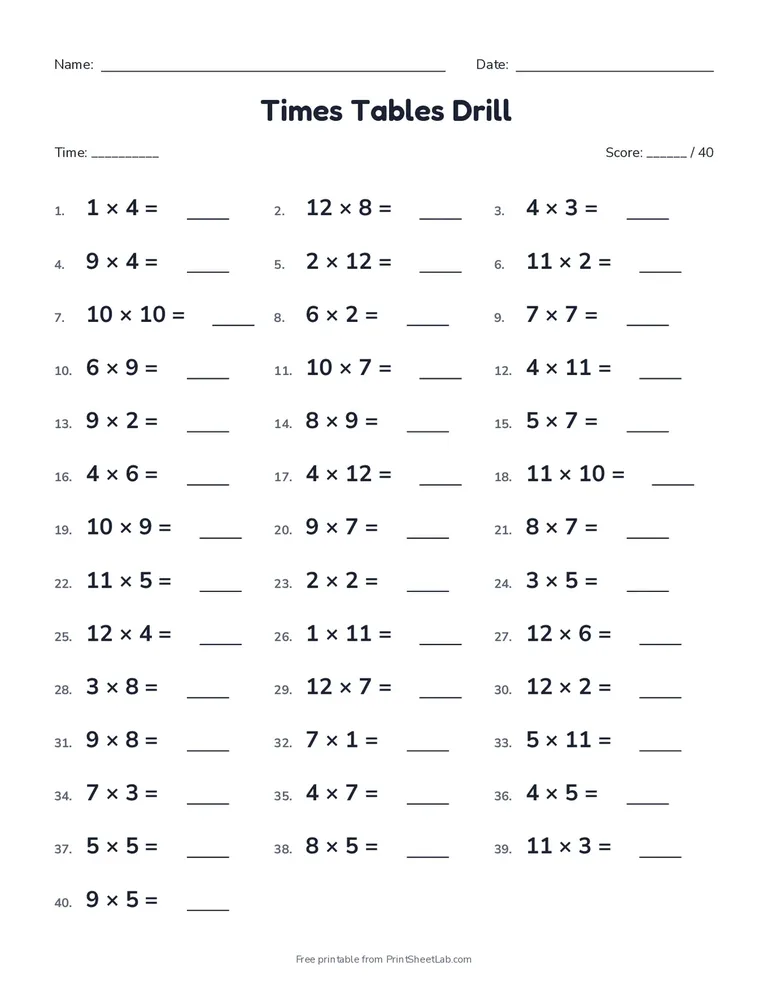 Times tables drill worksheet