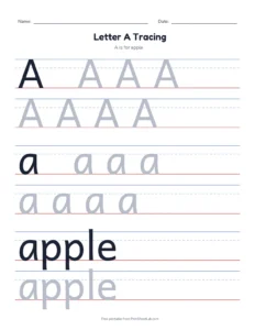 Letter A Tracing Page printable worksheet for preschool and kindergarten