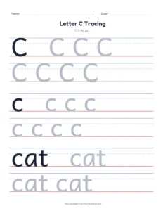 Letter C Tracing Page printable worksheet for preschool and kindergarten