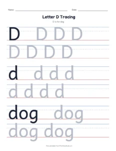 Letter D Tracing Page printable worksheet for preschool and kindergarten