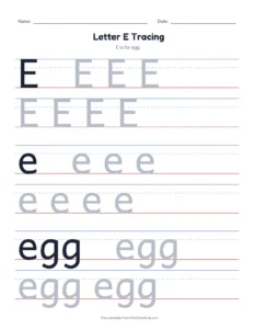 Letter E Tracing Page printable worksheet for preschool and kindergarten