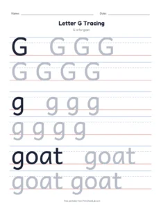 Letter G Tracing Page printable worksheet for preschool and kindergarten
