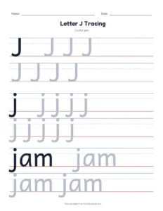 Letter J Tracing Page printable worksheet for preschool and kindergarten