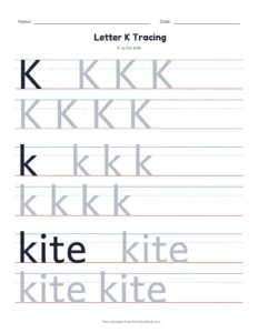 Letter K Tracing Page printable worksheet for preschool and kindergarten