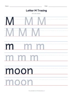 Letter M Tracing Page printable worksheet for preschool and kindergarten