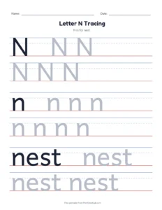 Letter N Tracing Page printable worksheet for preschool and kindergarten