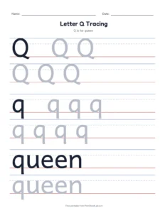 Letter Q Tracing Page printable worksheet for preschool and kindergarten