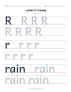 Letter R Tracing Page printable worksheet for preschool and kindergarten