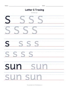 Letter S Tracing Page printable worksheet for preschool and kindergarten