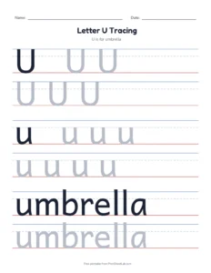Letter U Tracing Page printable worksheet for preschool and kindergarten