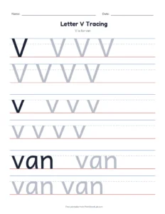 Letter V Tracing Page printable worksheet for preschool and kindergarten