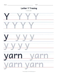 Letter Y Tracing Page printable worksheet for preschool and kindergarten
