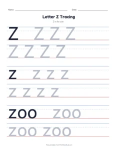 Letter Z Tracing Page printable worksheet for preschool and kindergarten
